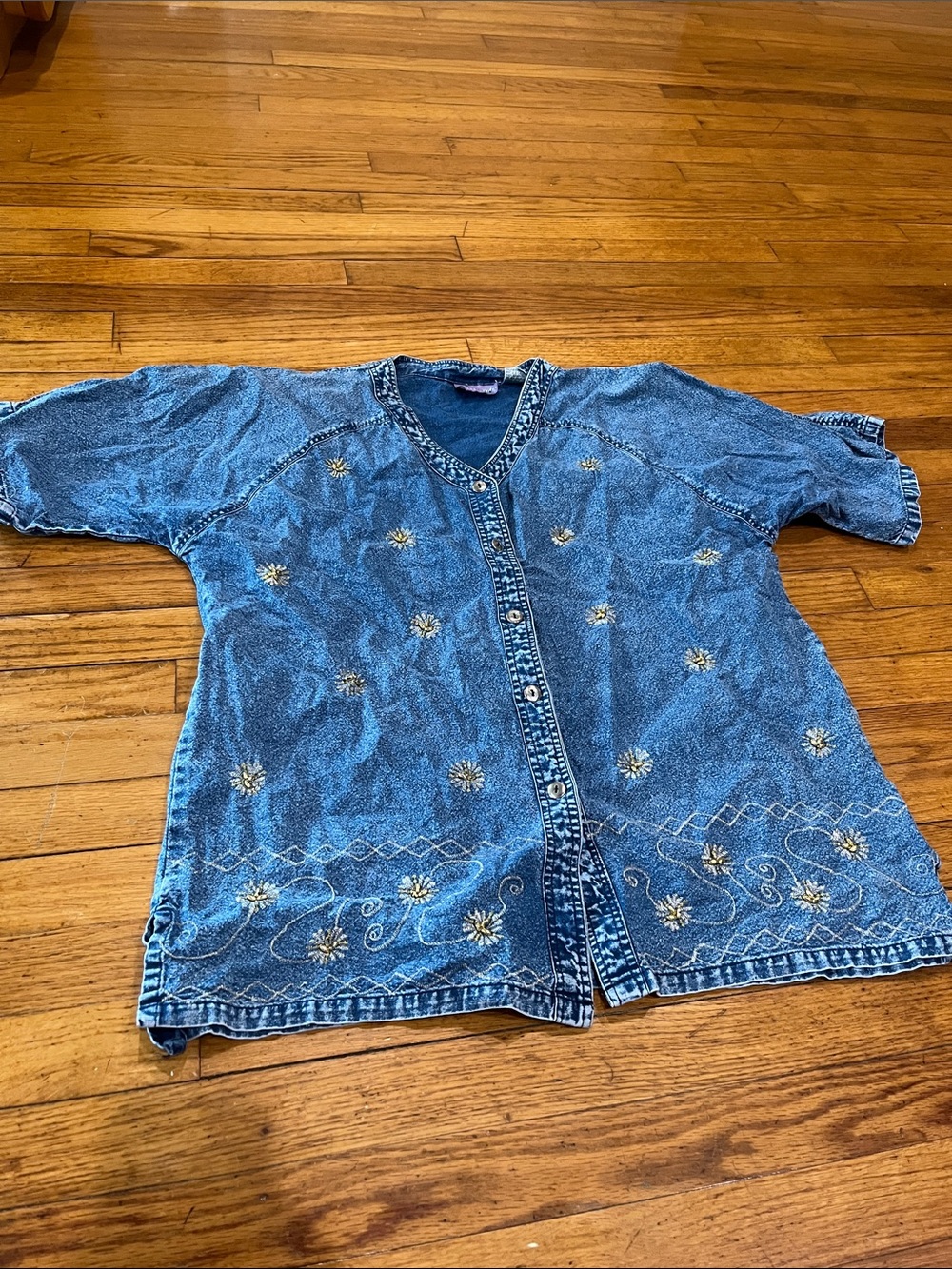 Women's Embroidered Blue Denim Button-Down Shirt